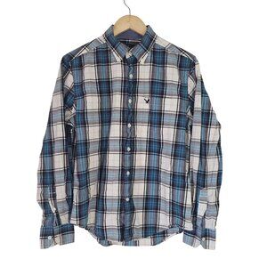 AEO Mens Blue Plaid Button Down Long Sleeve Shirt‎ Size M Cotton Staple Everyday
